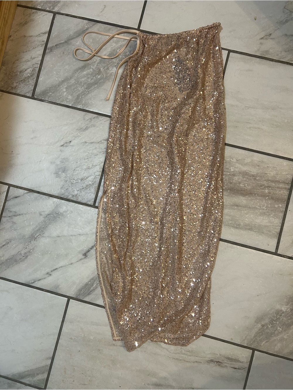 Tie waist South Beach Gold Sequin Mesh MaxiCover-up Skirt sz 10 NWT